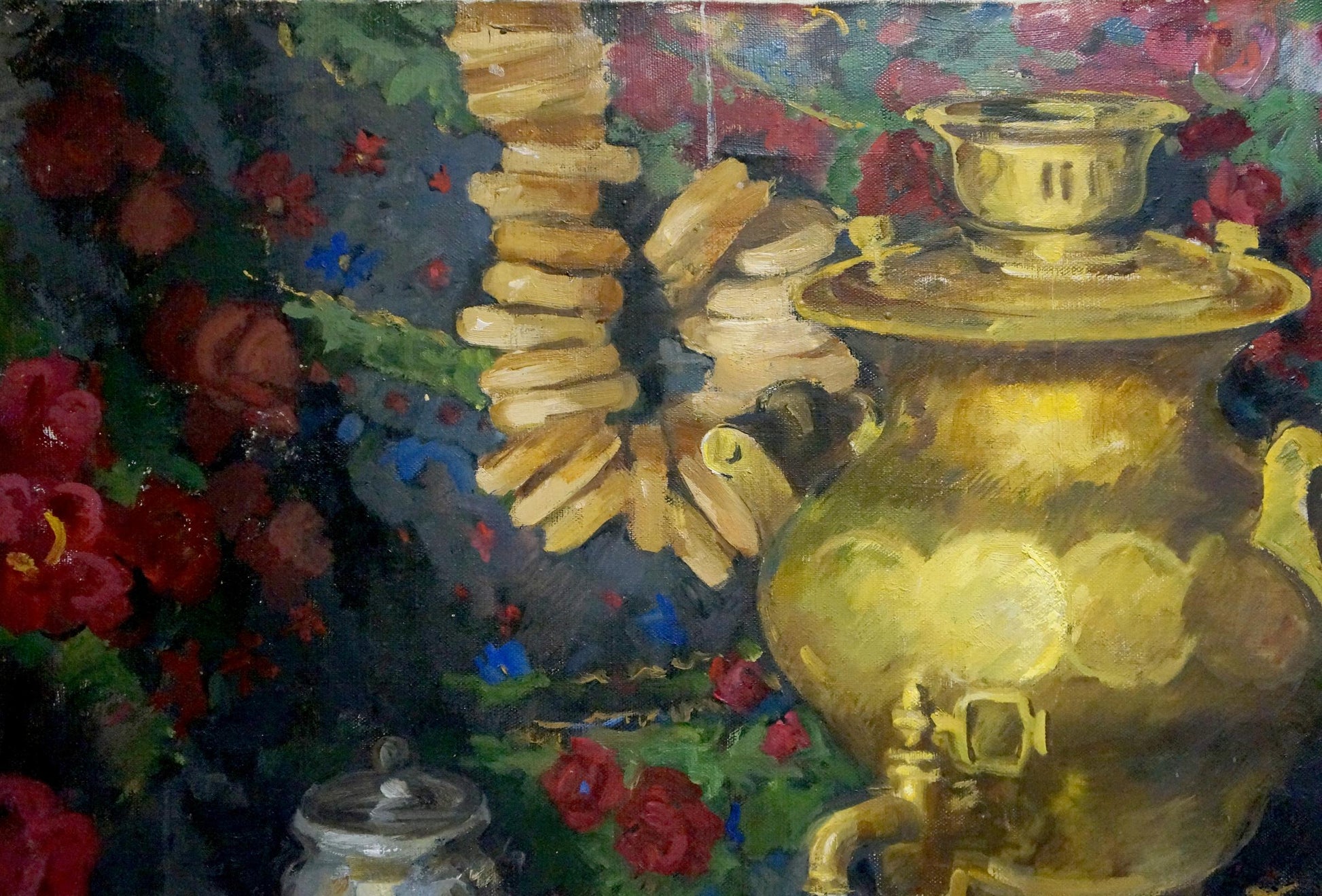 Oil painting of golden samovar with ornate handles amid red flowers by Bronstein Shaya Iosifovich