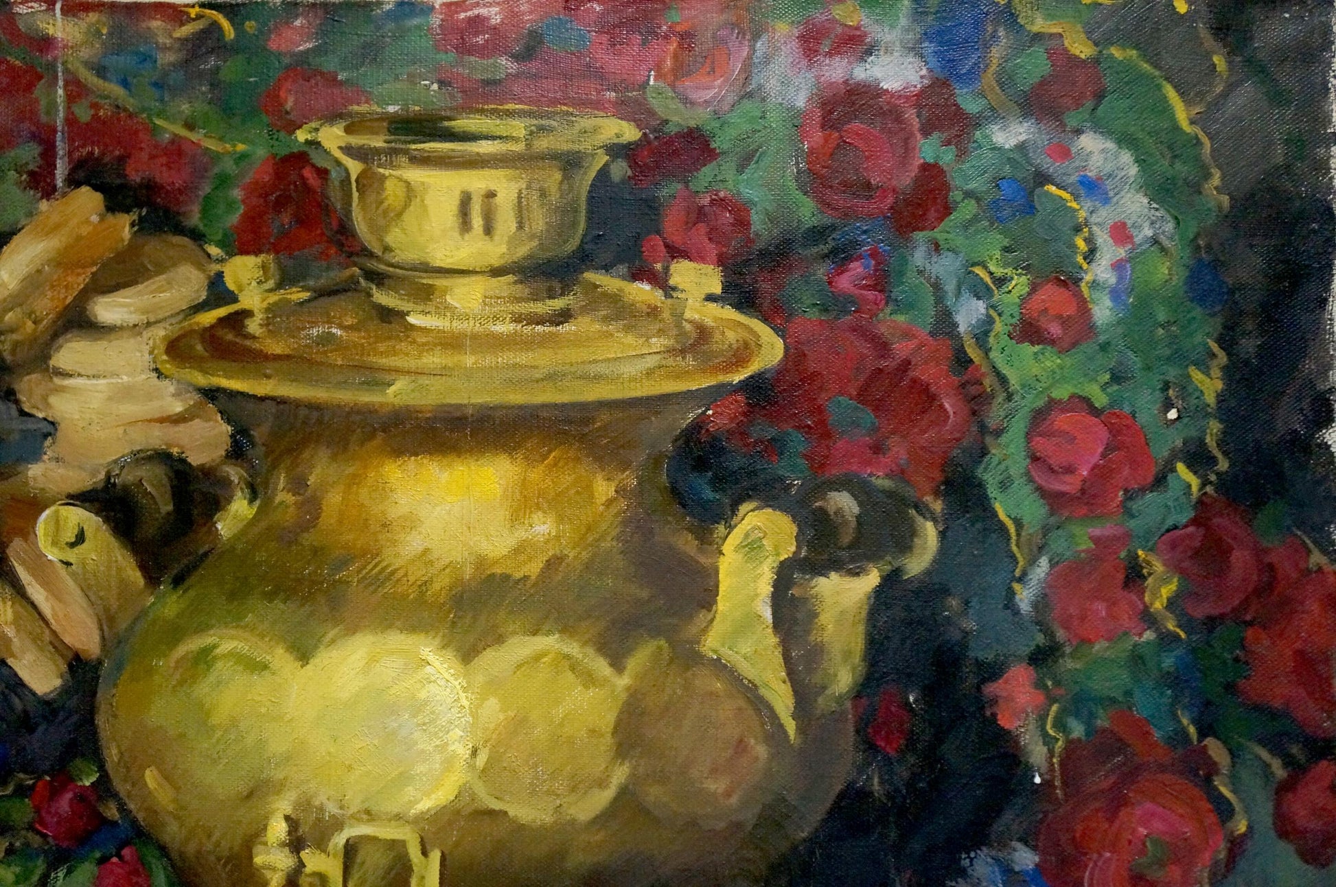 Oil painting of gleaming golden samovar by Bronstein Shaya Iosifovich