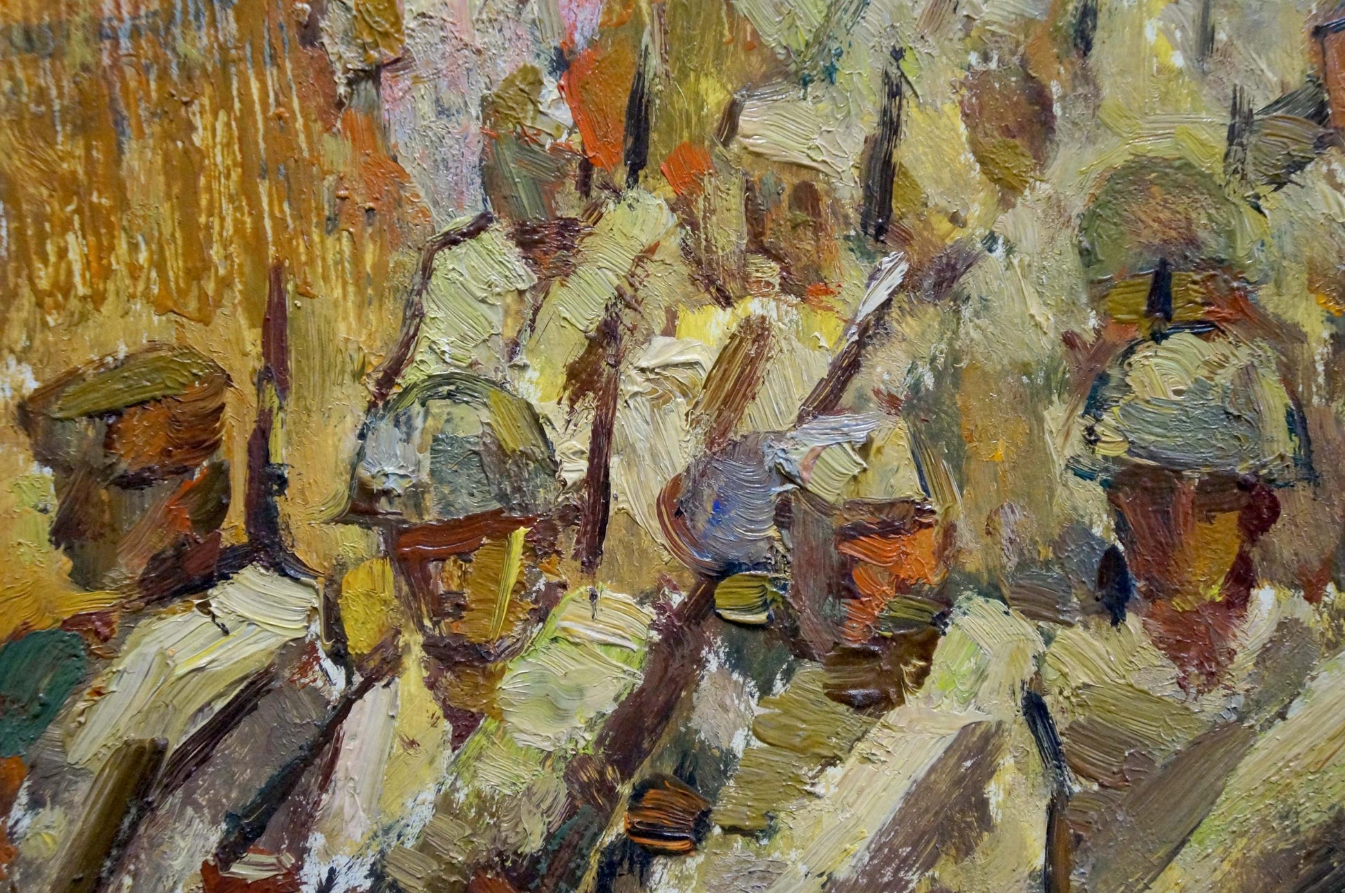 Textured impressionistic oil painting of soldiers by Konstantin Ivanovich Pokulity
