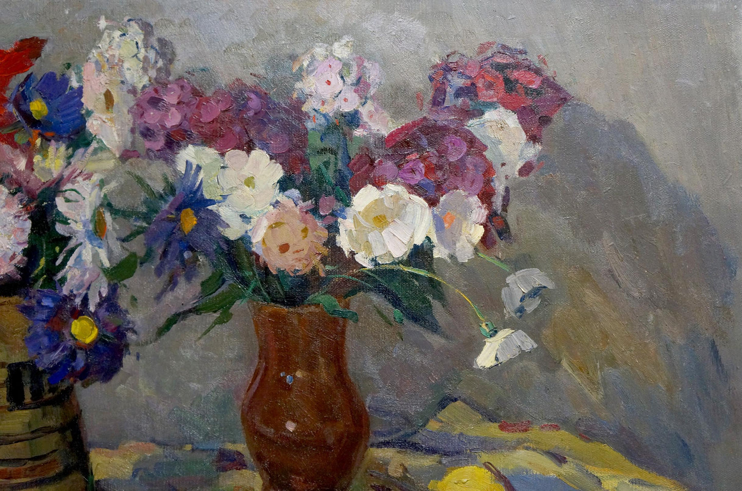 Oil painting Still life by Kosyak Aleksandr Borisovich: rustic vase with vibrant floral bouquet