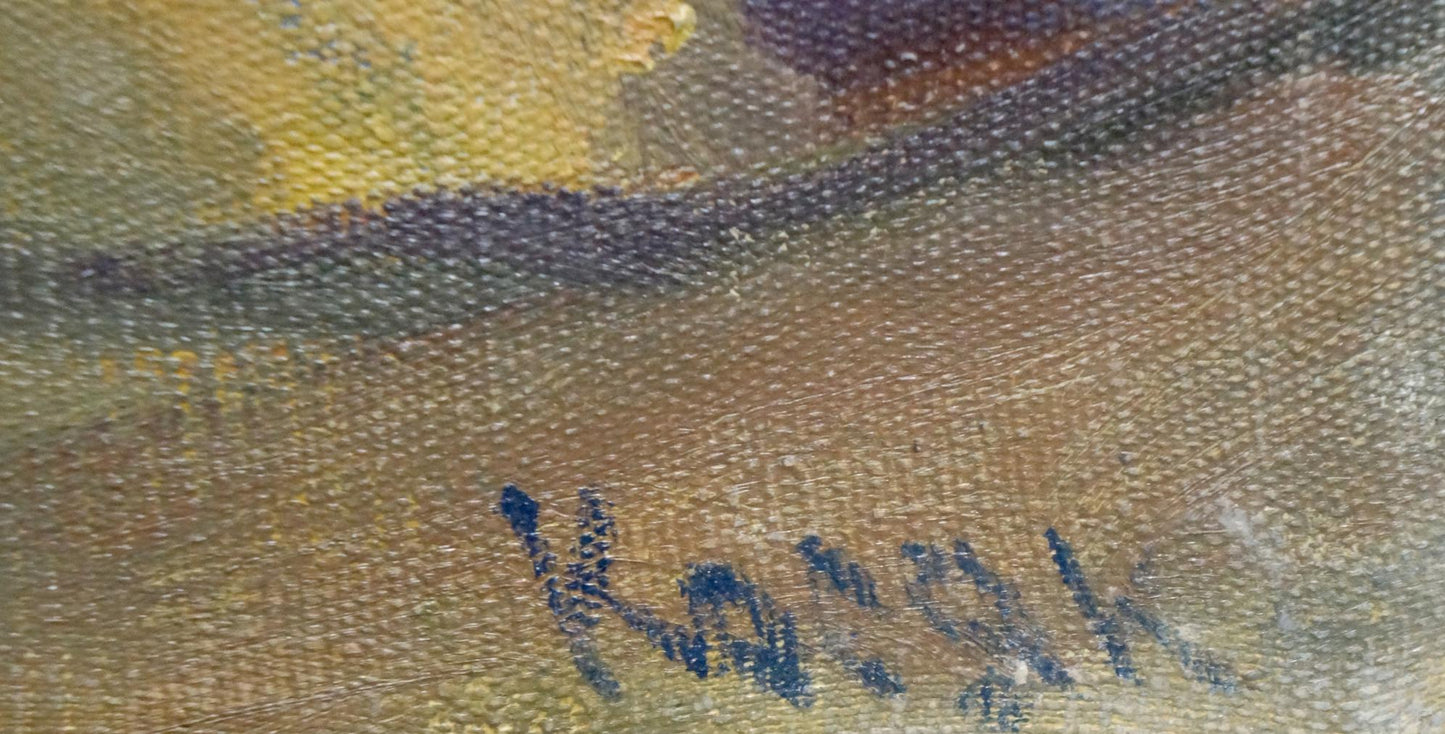 Blue ink signature by Kosyak Aleksandr Borisovich on textured canvas back of oil painting