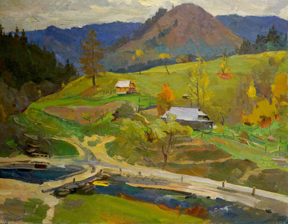 Vibrant impressionistic oil painting by Shutev Ivan Mikhailovich of rural mountain village landscape