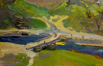 Vibrant impressionist oil painting by Shutev Ivan Mikhailovich of winding river and hills