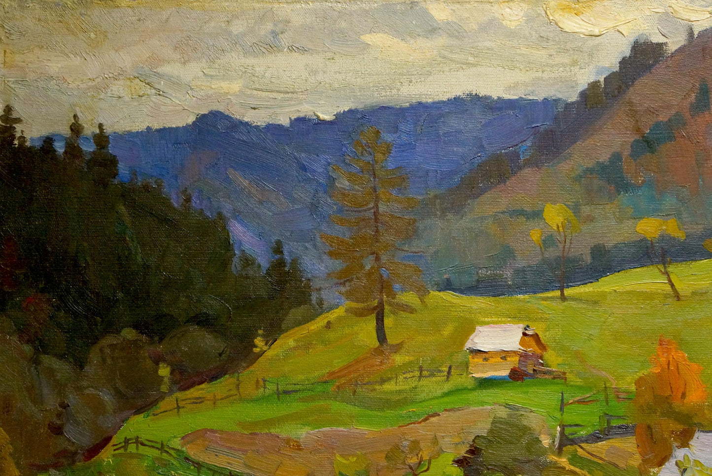 Oil painting by Shutev Ivan Mikhailovich: rustic cabin in green valley