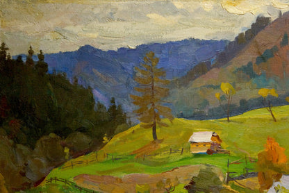 Oil painting by Shutev Ivan Mikhailovich: rustic cabin in green valley