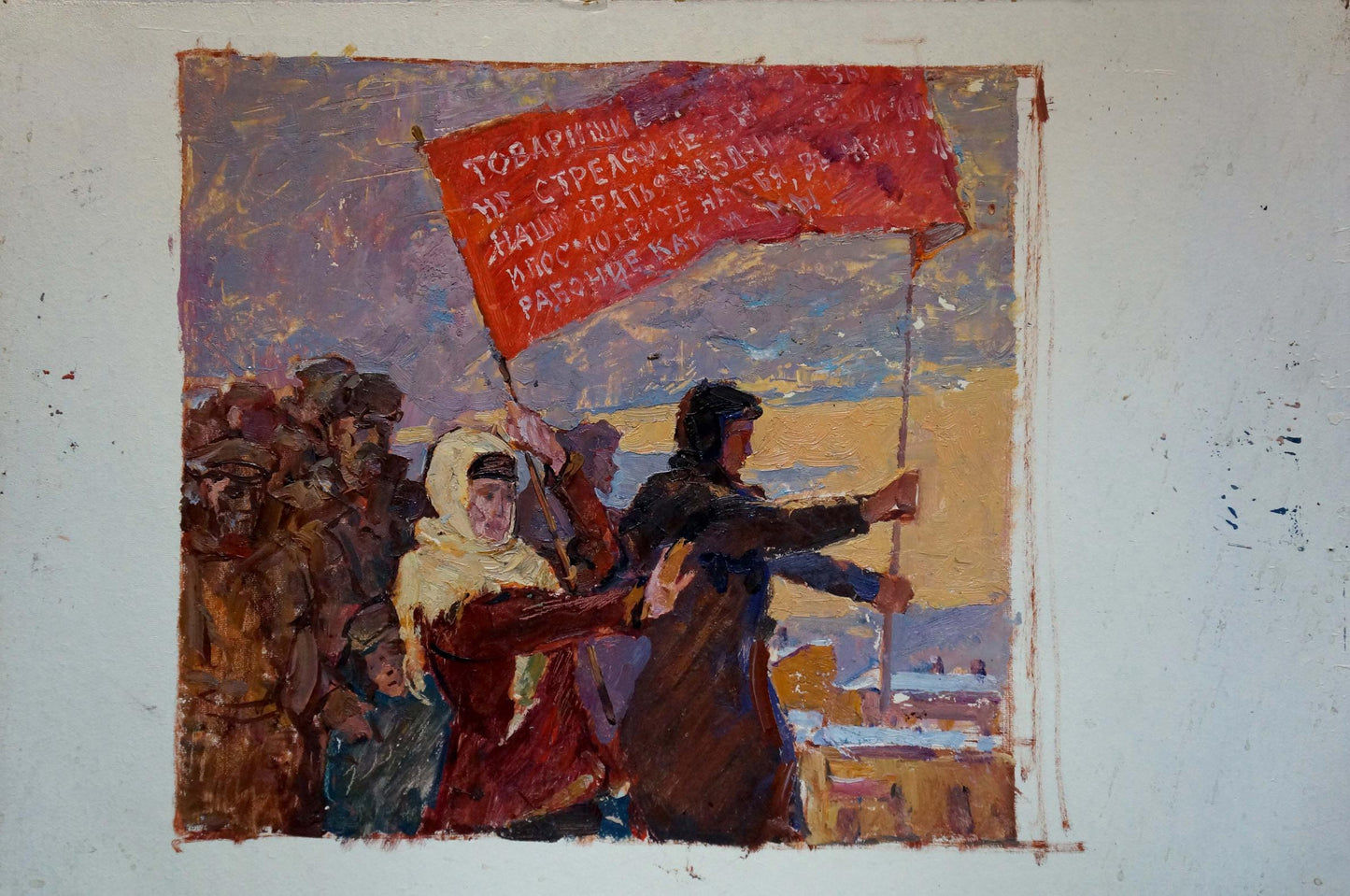Oil painting of people before Konstantin Pokulity leaders speech, red banner held high