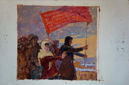 Oil painting of people before Konstantin Pokulity leaders speech, red banner held high