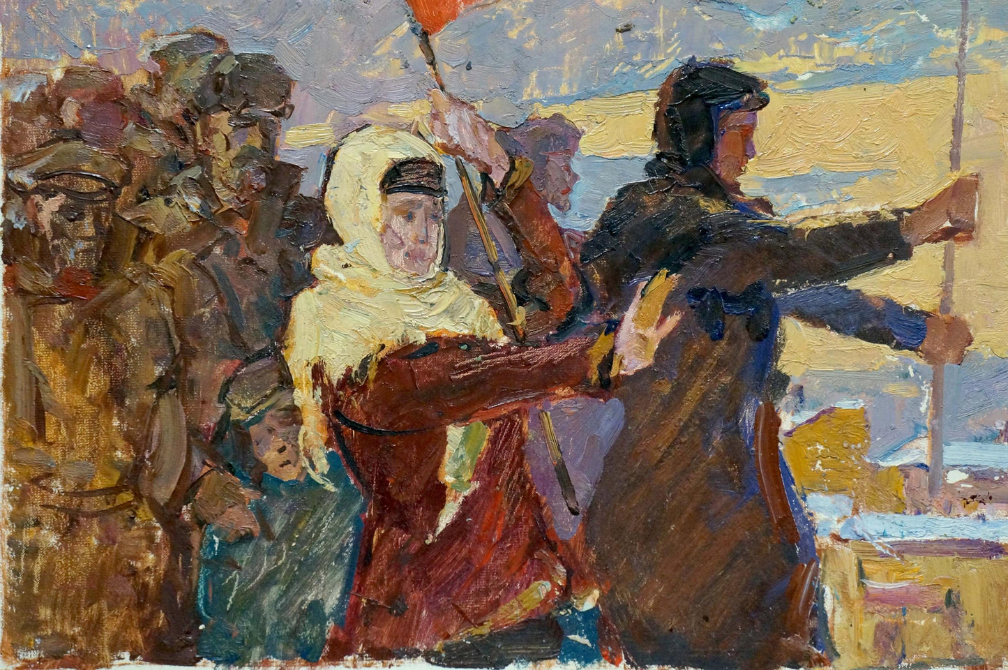 Oil painting of woman in white hooded cloak holding orange flag before Konstantins speech