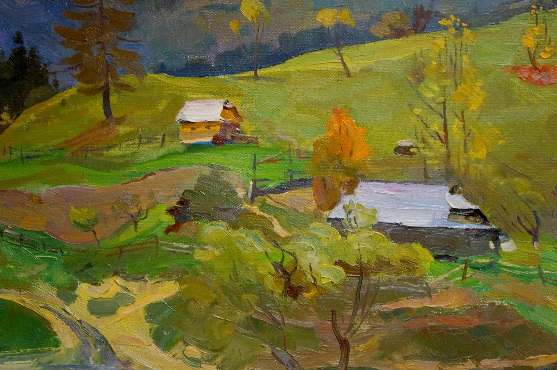 Vibrant impressionist oil painting of mountain village by Shutev Ivan Mikhailovich