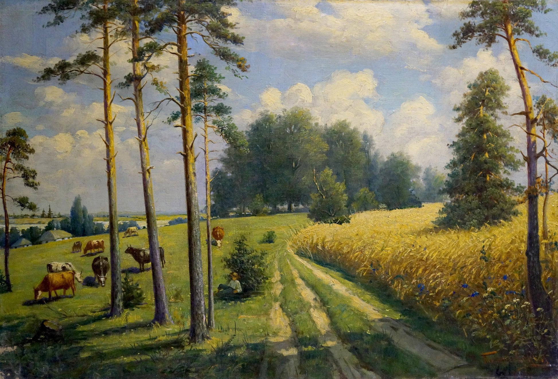 Oil painting Field landscape Tolkachevsky I: serene wheat field, pines, cows, blue sky