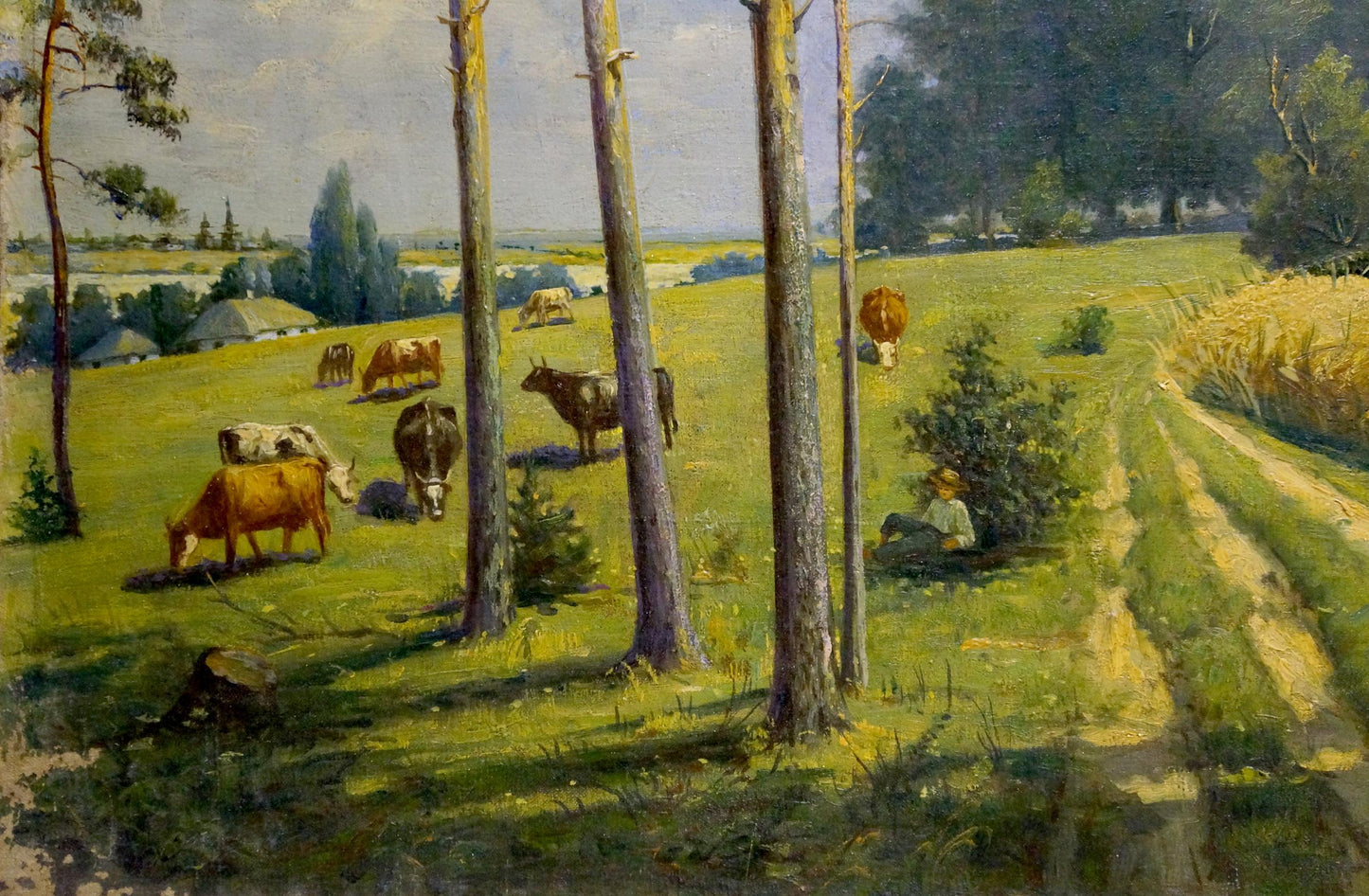 Oil painting Field landscape Tolkachevsky I: serene cows grazing under cloudy sky