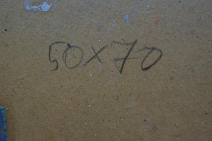 Back of Konstantin Pokulity oil painting with 50x70 handwritten in black marker on cardboard