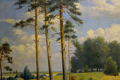 Oil painting Field landscape Tolkachevsky I: tall slender pines under blue sky