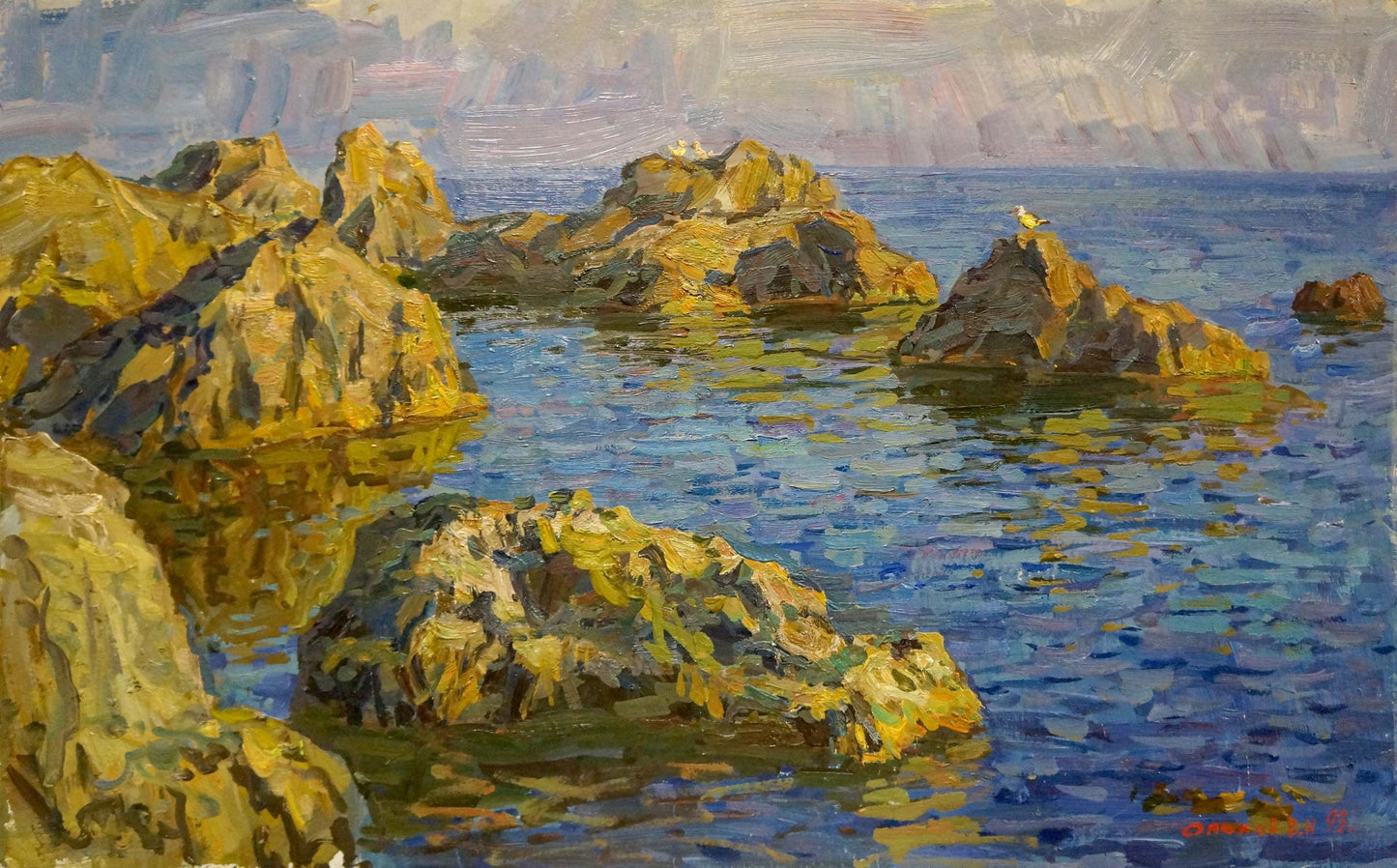 Oil painting of sunlit golden rocks in blue sea by Olkhov Vladimir Nikolaevich