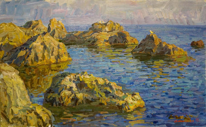 Oil painting of sunlit golden rocks in blue sea by Olkhov Vladimir Nikolaevich