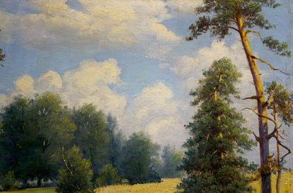 Oil painting Field landscape Tolkachevsky I with tall pine trees serene sky