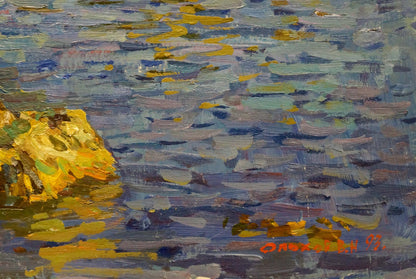 Oil painting of yellow rock in rippling sea by Olkhov Vladimir Nikolaevich