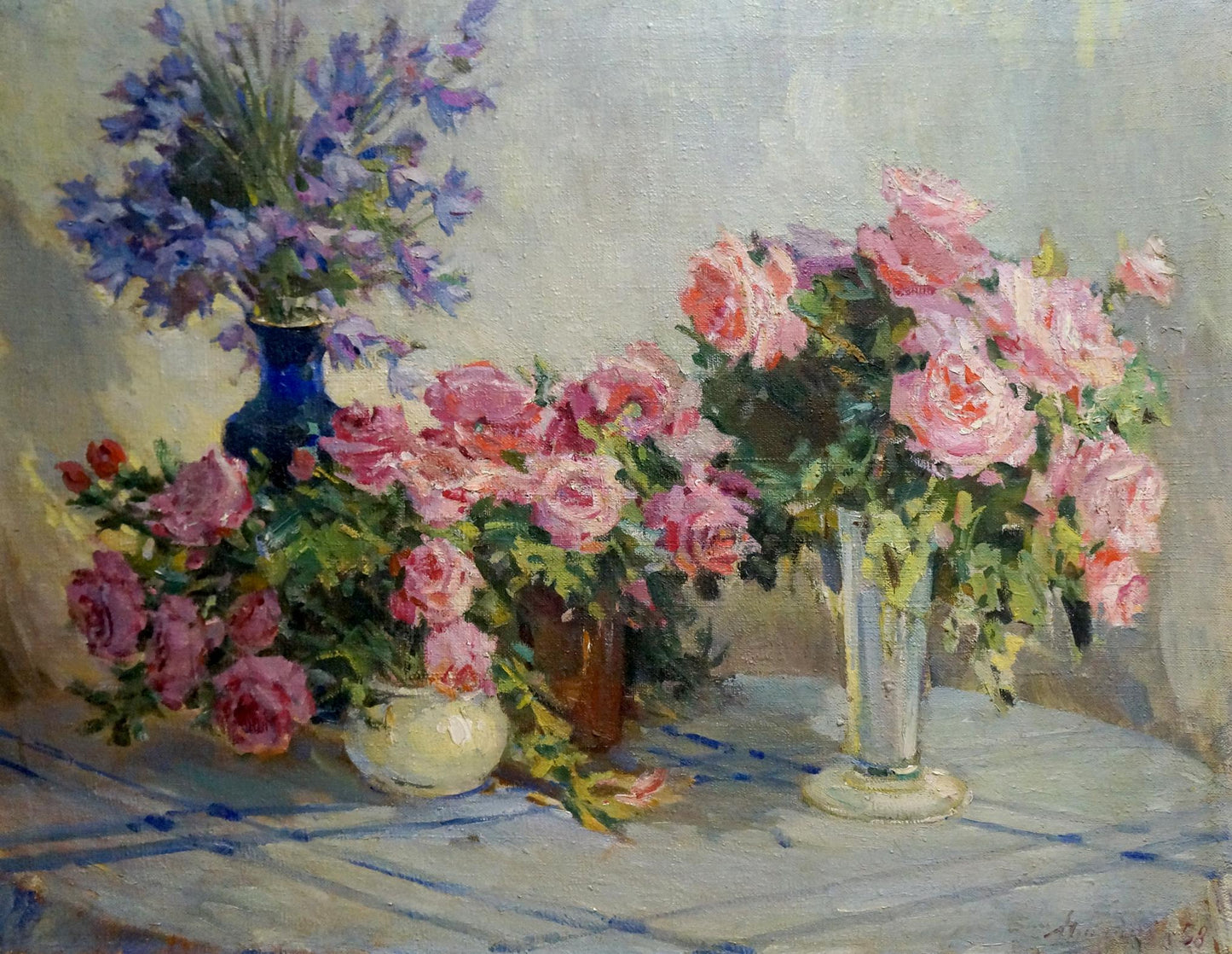 Oil painting of vibrant pink roses bouquet by Malinka Victor Alexandrovich