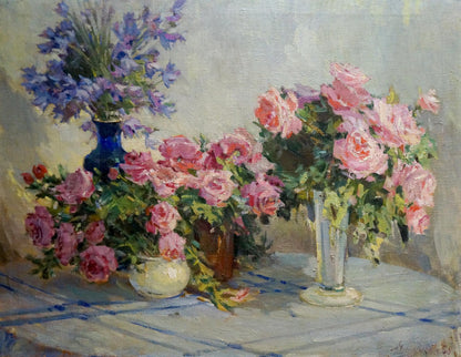Oil painting of vibrant pink roses bouquet by Malinka Victor Alexandrovich