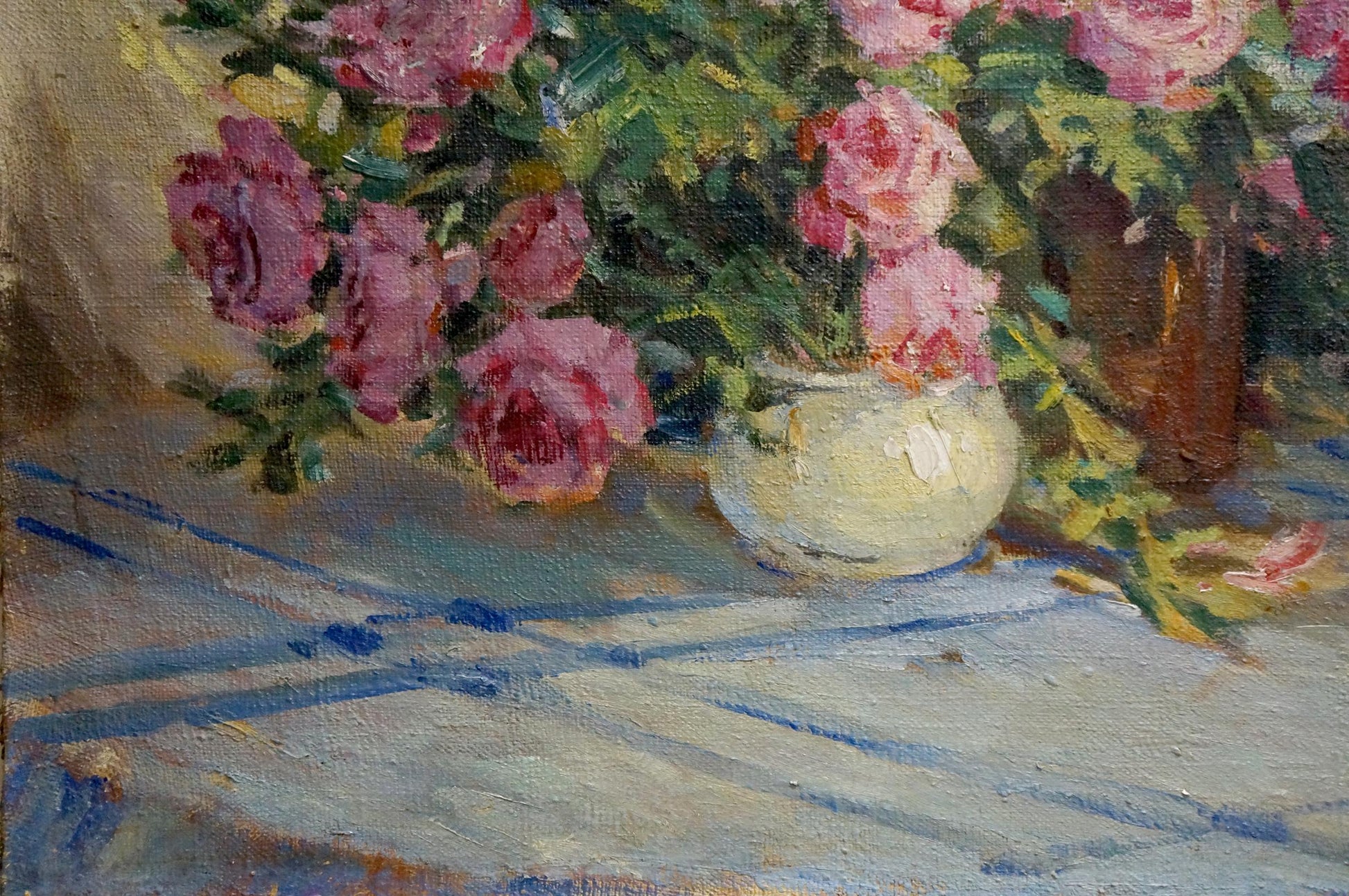 Oil painting of white vase with pink roses bouquet by Malinka Victor Alexandrovich
