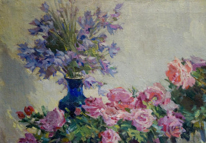 Oil painting of purple delphiniums in deep blue vase by Malinka Victor Alexandrovich