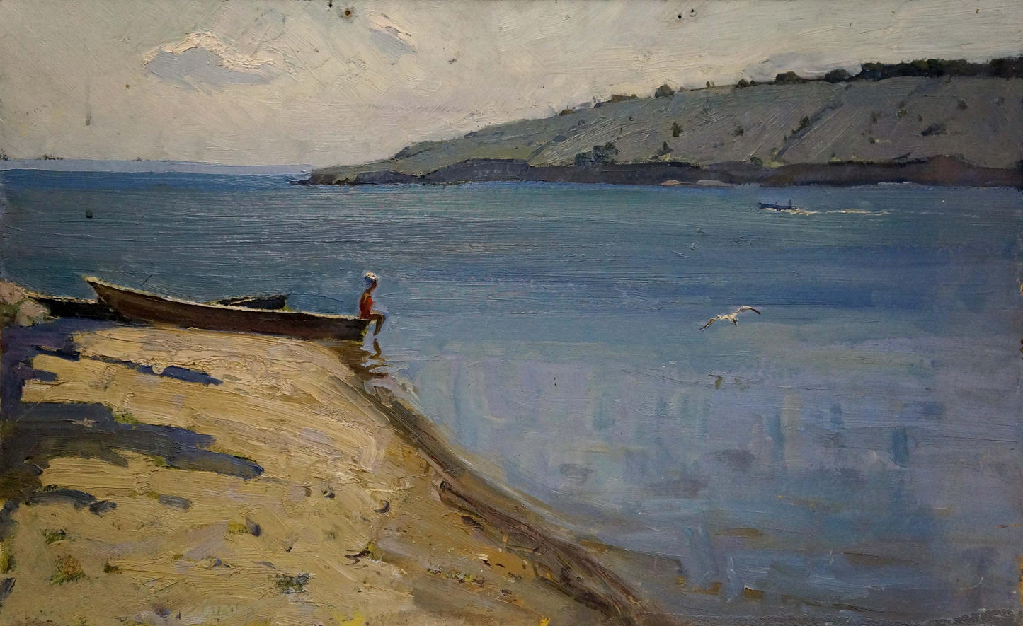 Oil painting by Petrov Georgy Petrovich: girl on shore with wooden rowboat