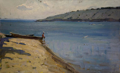 Oil painting by Petrov Georgy Petrovich: girl on shore with wooden rowboat