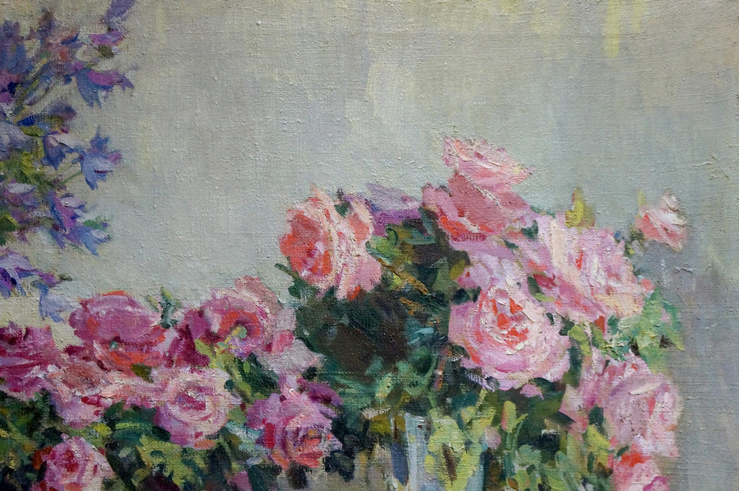 Vibrant impressionistic oil painting of pink roses bouquet by Malinka Victor Alexandrovich