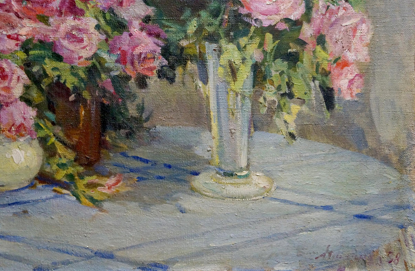 Oil painting of pink roses bouquet in tall glass vase by Malinka Victor Alexandrovich