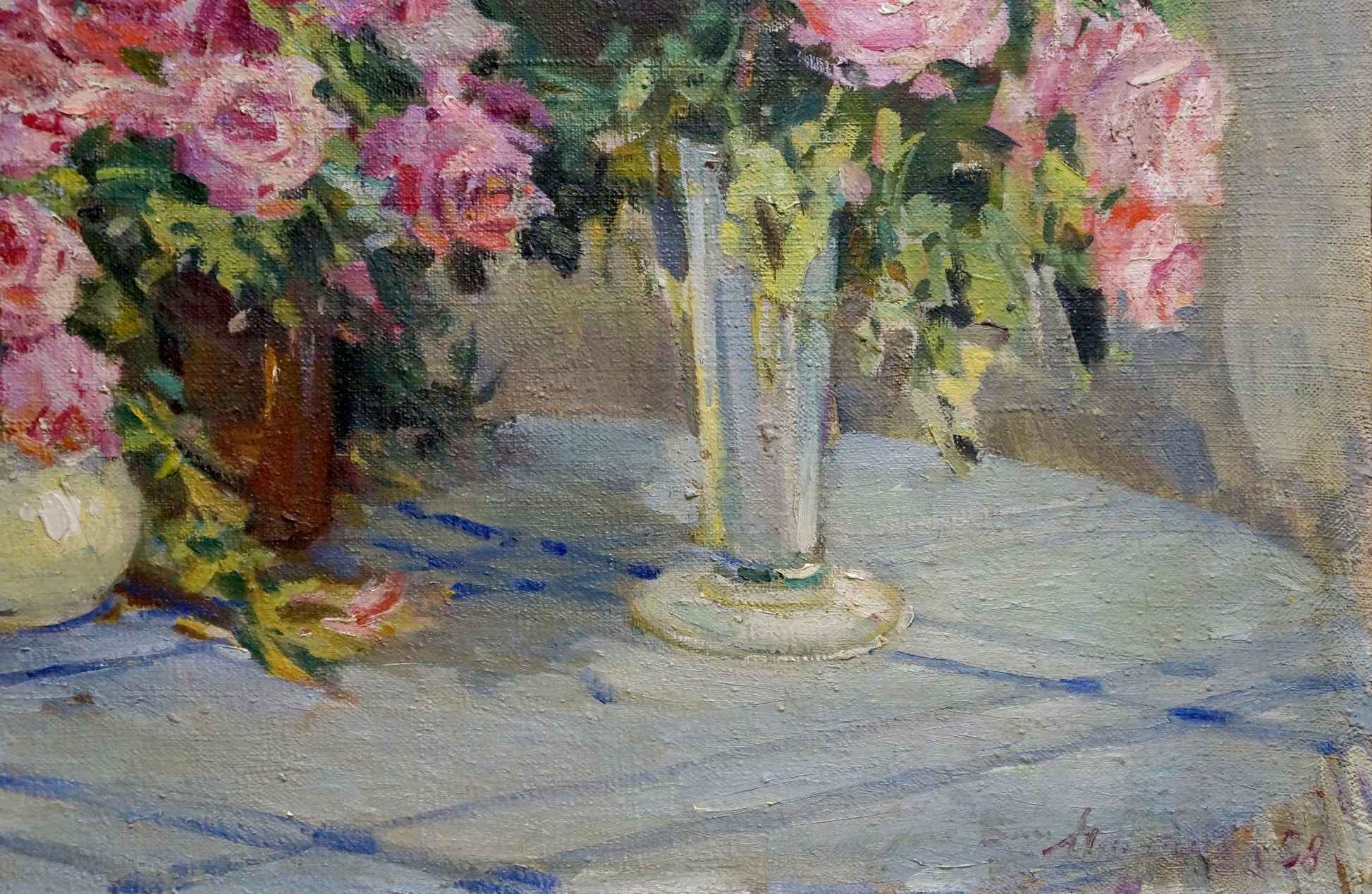 Oil painting of pink roses bouquet in tall glass vase by Malinka Victor Alexandrovich