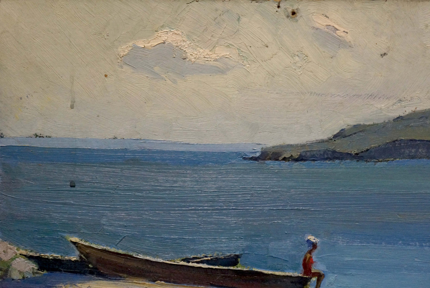Oil painting by Petrov Georgy Petrovich: girl in red at stern of rowboat on shore