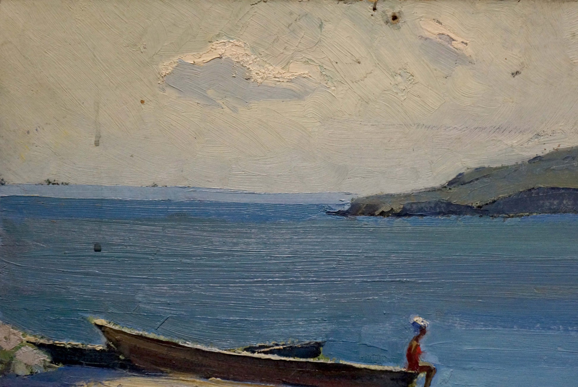 Oil painting by Petrov Georgy Petrovich: girl in red at stern of rowboat on shore