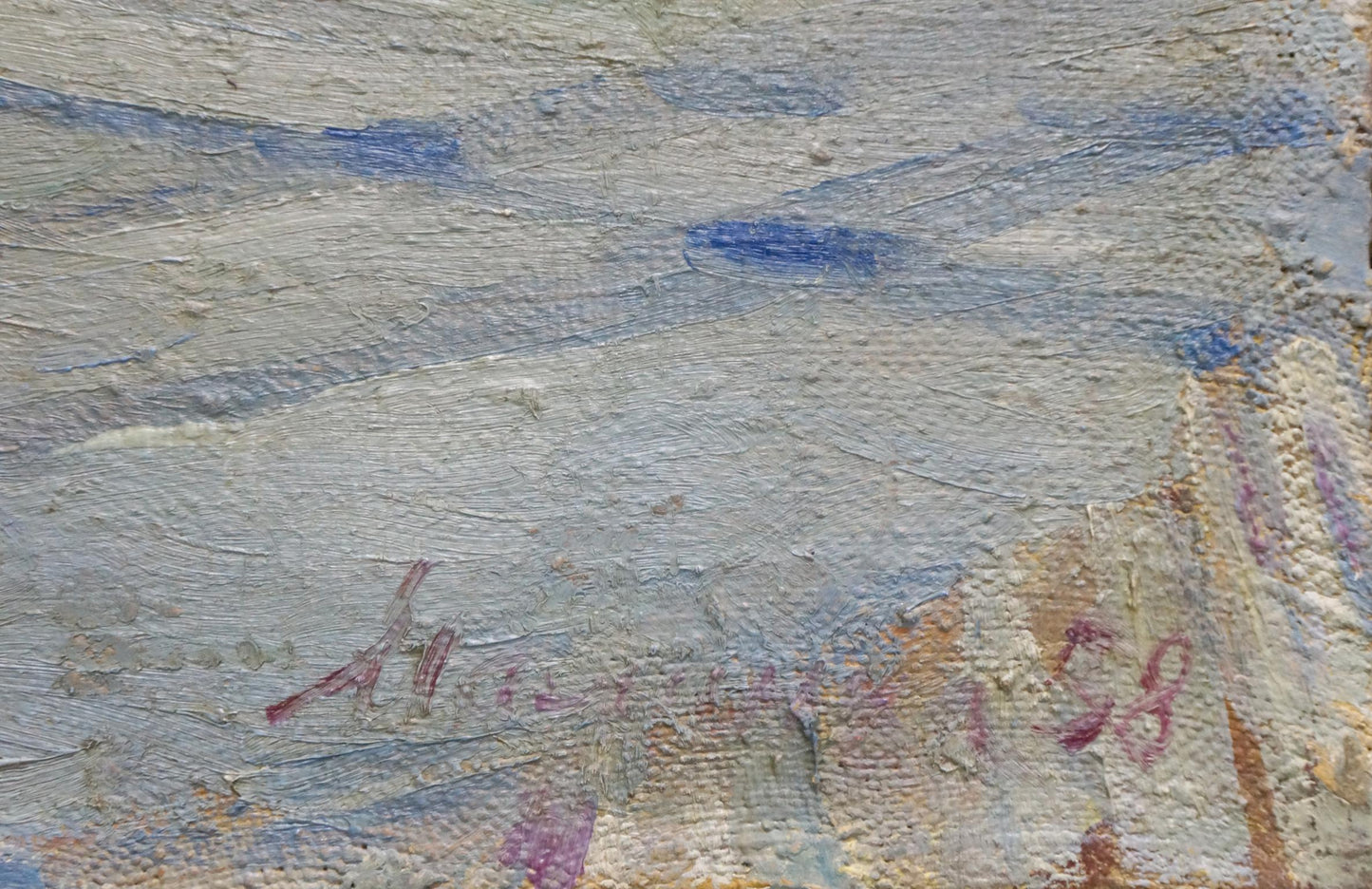Oil painting of rose bouquet by Malinka Victor Alexandrovich, textured sky in blues and grays