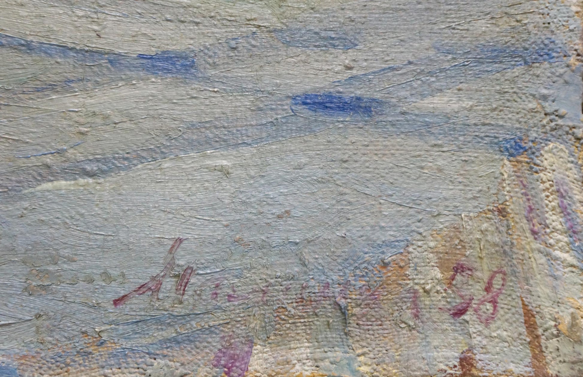 Oil painting of rose bouquet by Malinka Victor Alexandrovich, textured sky in blues and grays