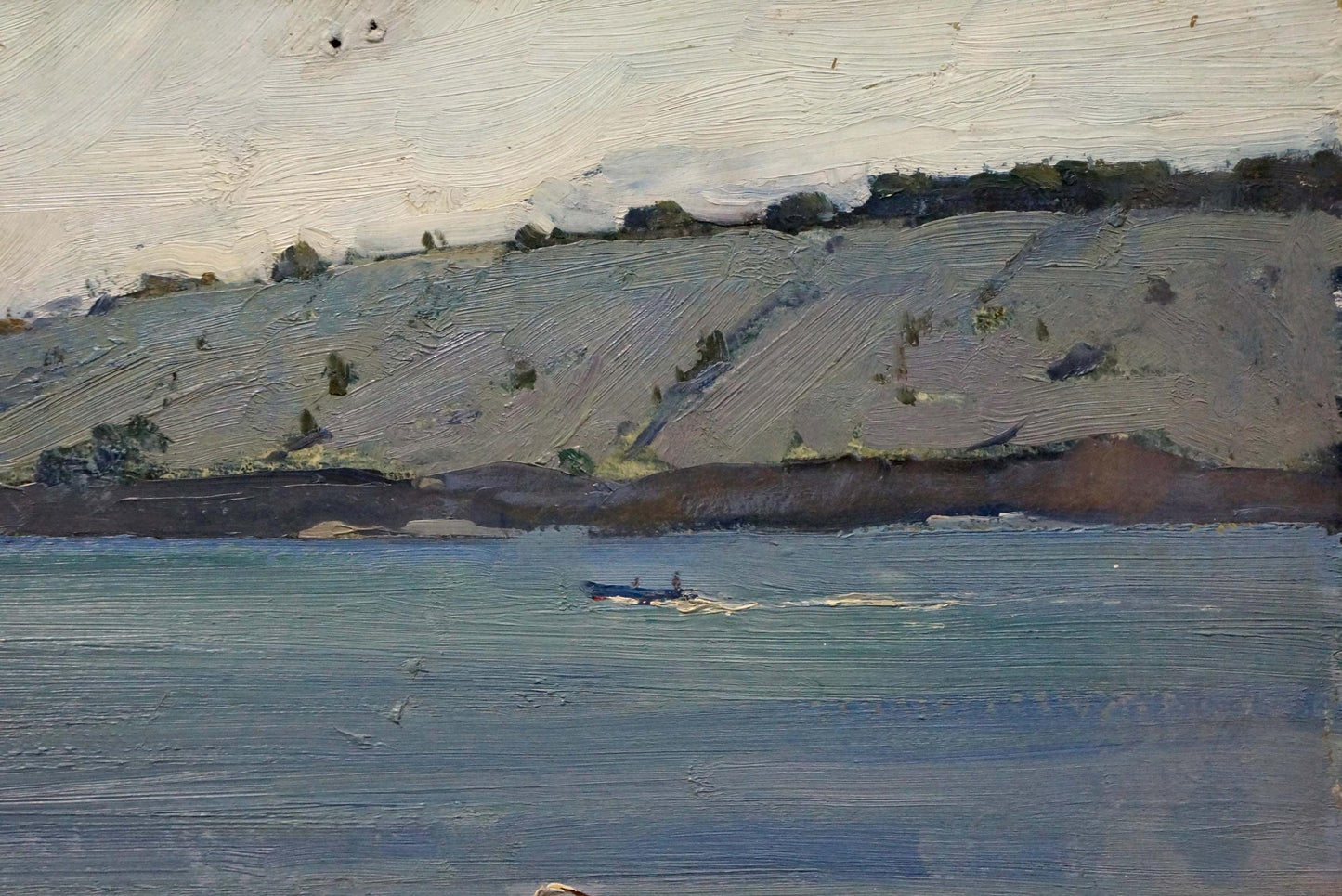 Oil painting of girl on shore by Petrov Georgy Petrovich, rowboat on calm water
