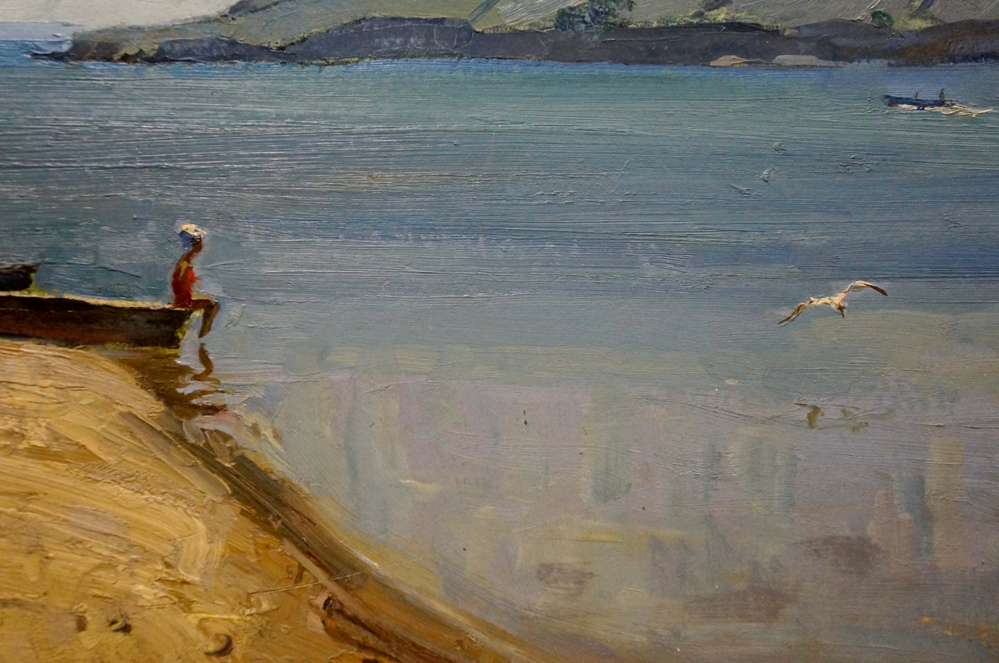 Oil painting by Petrov Georgy Petrovich: girl in red on boat by shore