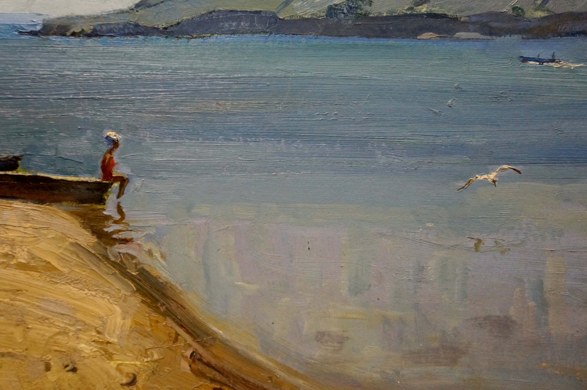 Oil painting by Petrov Georgy Petrovich: girl in red on boat by shore