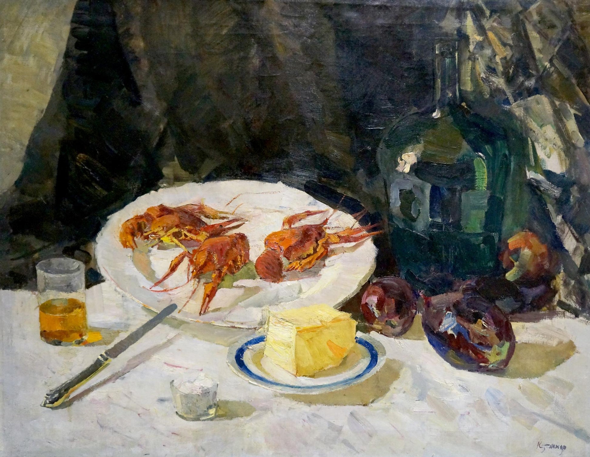 Oil painting of reddish-orange crayfish with beer by Kerzhner Alexander Haskelevich