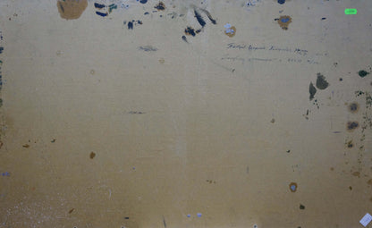 Back of weathered beige canvas with stains, faded text, Girl on the shore by Petrov Georgy Petrovich oil painting