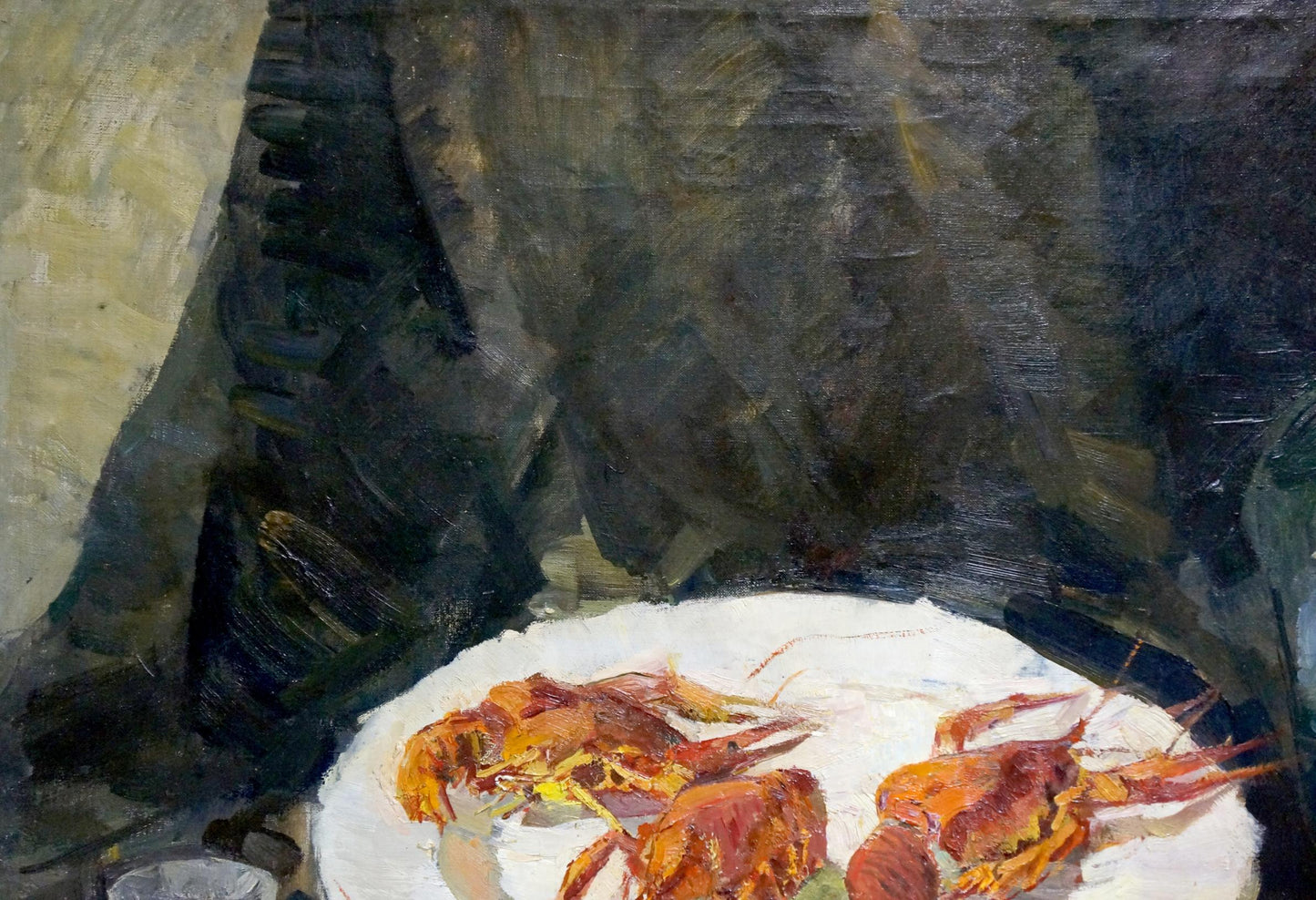 Oil painting of vibrant orange-red crawfish with beer by Kerzhner Alexander Haskelevich