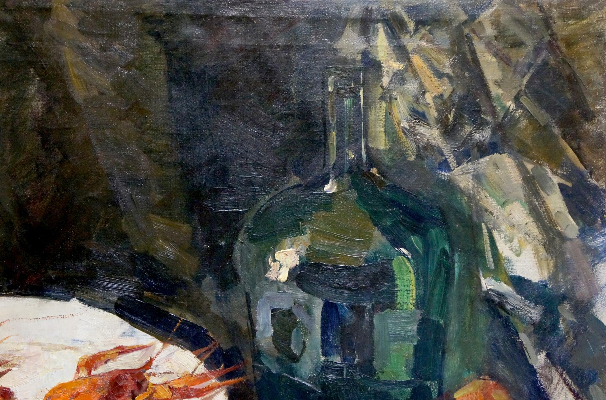 Dark green textured glass bottle for Oil painting Crayfish with beer by Kerzhner Alexander Haskelevich