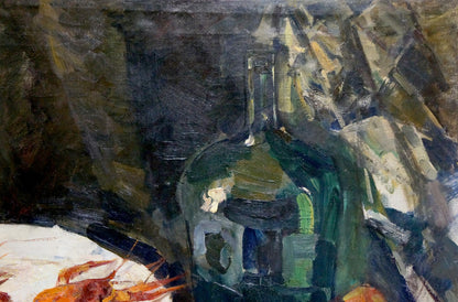 Dark green textured glass bottle for Oil painting Crayfish with beer by Kerzhner Alexander Haskelevich