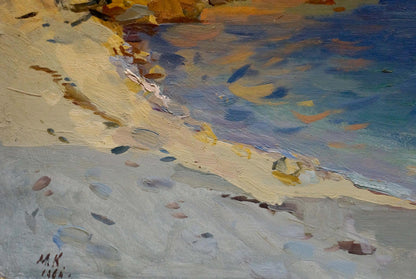 Oil painting of sandy beach and turquoise sea by Kobylenkov Mikhail Vasilievich
