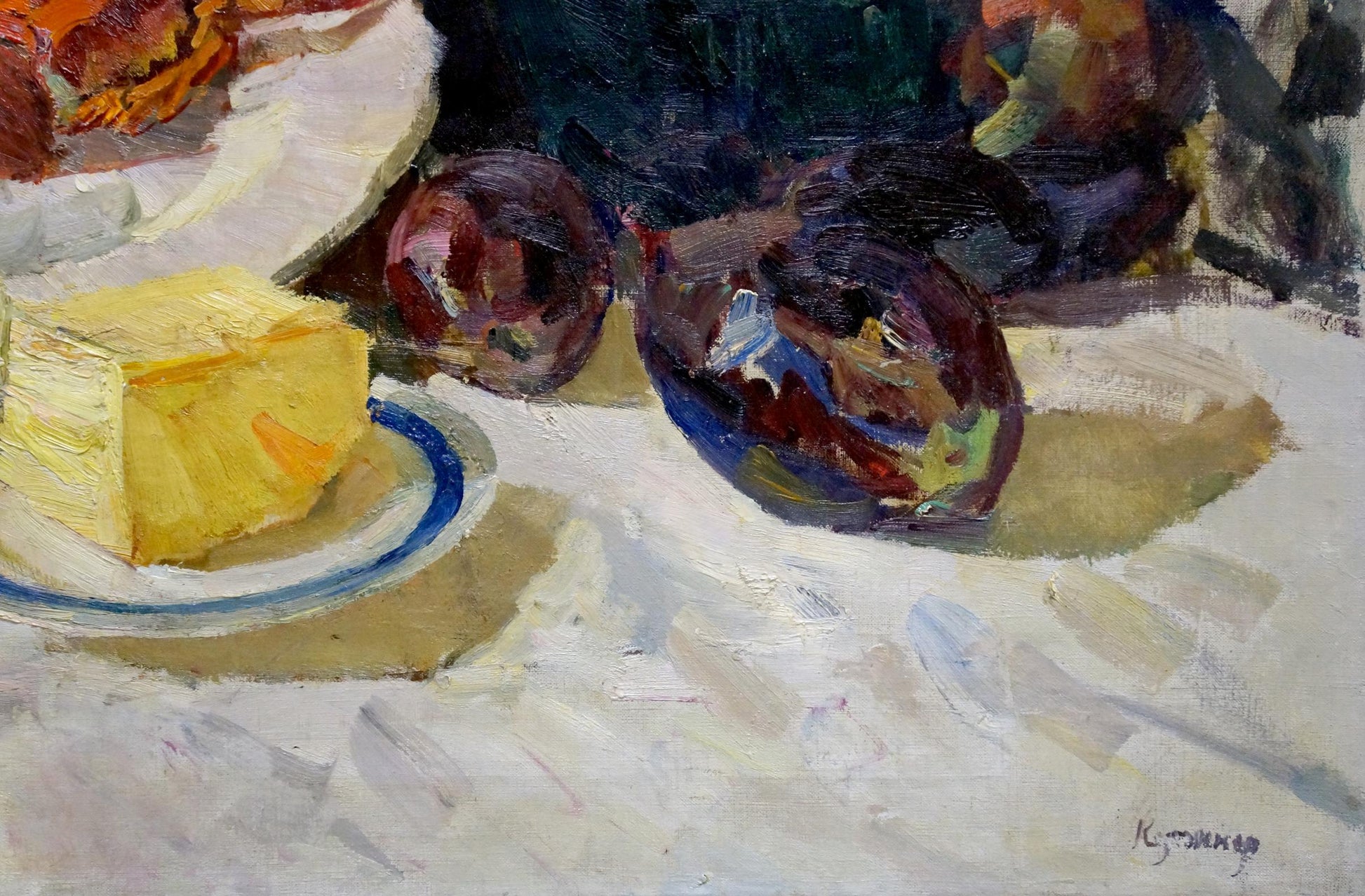 Oil painting of vibrant yellow butter on blue-rim plate by Kerzhner Alexander Haskelevich