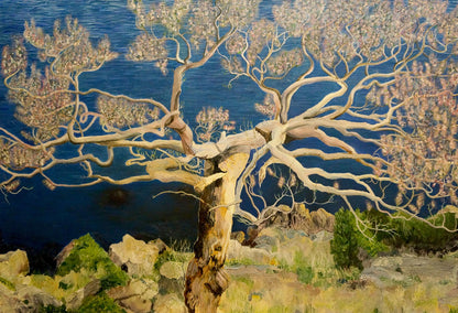 Oil painting of gnarled tree with twisting branches and pink blossoms by blue water