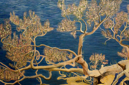 Oil painting Blooming tree with gnarled branches and pink blossoms