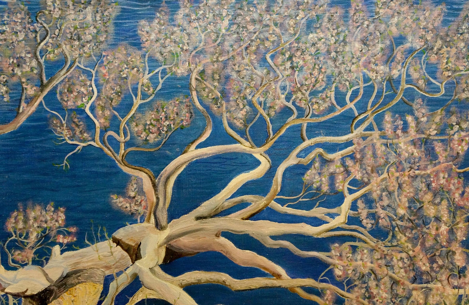 Oil painting Blooming tree with pink blossoms on blue background