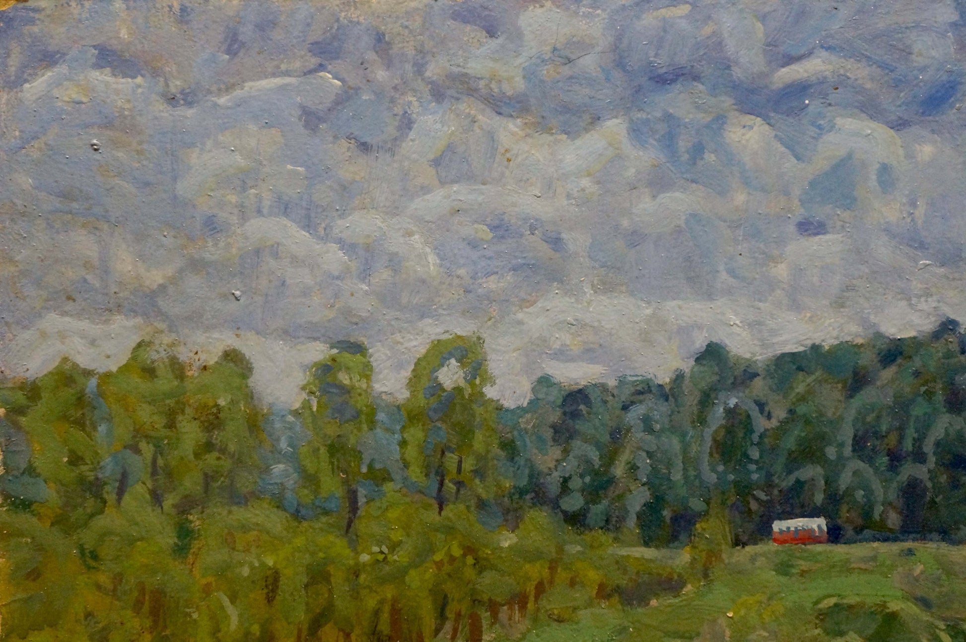 Oil painting of red white van in green field by Kolosovsky Georgy Sergeevich
