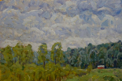 Oil painting of red white van in green field by Kolosovsky Georgy Sergeevich