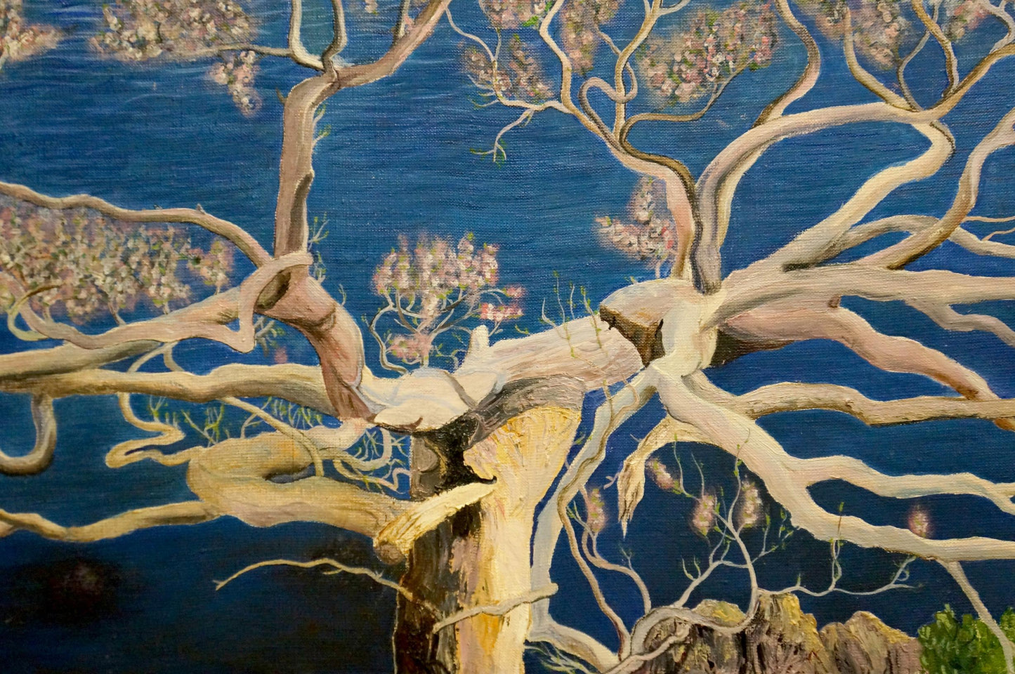 Oil painting Blooming tree with pink blossoms on blue background